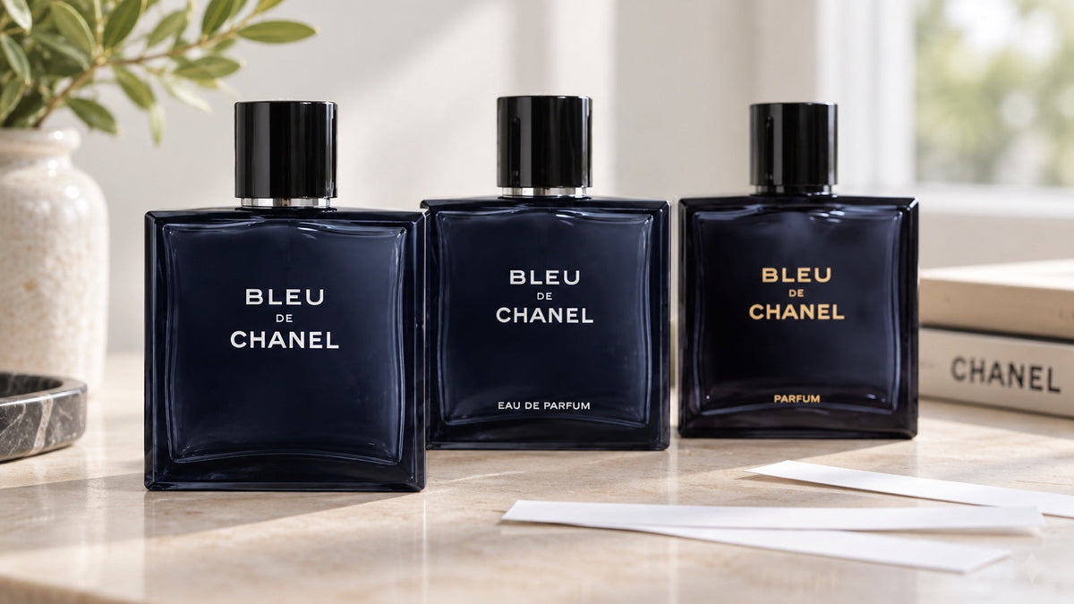 A Bleu de Chanel Eau de Toilette, Eau de Parfum és Parfum üvegei lágy természetes fényben.