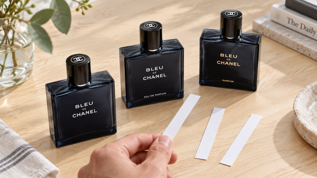 Trzy flakony Bleu de Chanel: Eau de Toilette, Eau de Parfum i Parfum w miękkim świetle dziennym.