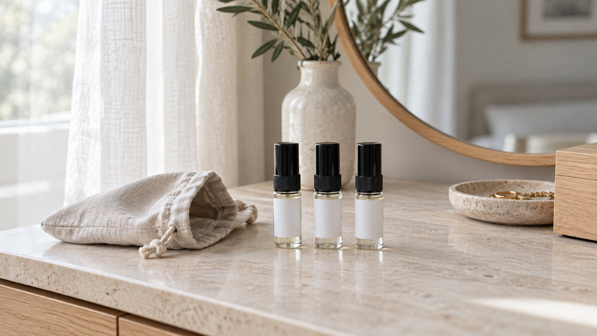 Fotografie ilustrativă cu trei mostre de parfum pregătite pentru testare în zile diferite.