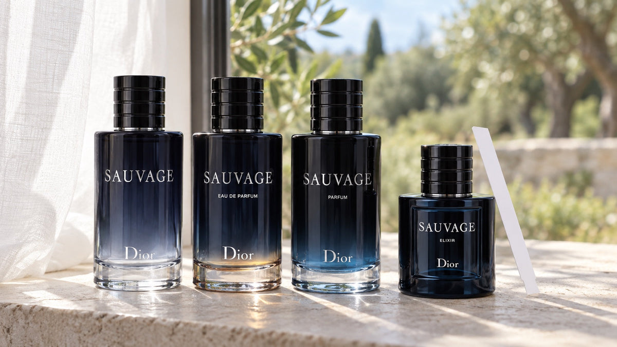 Čtyři flakony Dior Sauvage: Eau de Toilette, Eau de Parfum, Parfum a Elixir v denním světle.