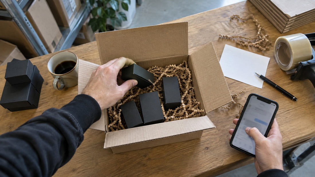 Balení objednávky MrRizz: vzorky v černých krabičkách v kartonové krabici s výplní.