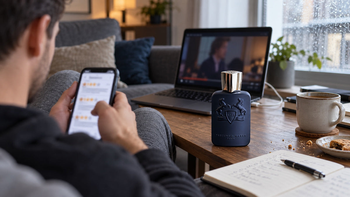 Parfums de Marly Layton na stolku, zatímco někdo čte recenze v mobilu