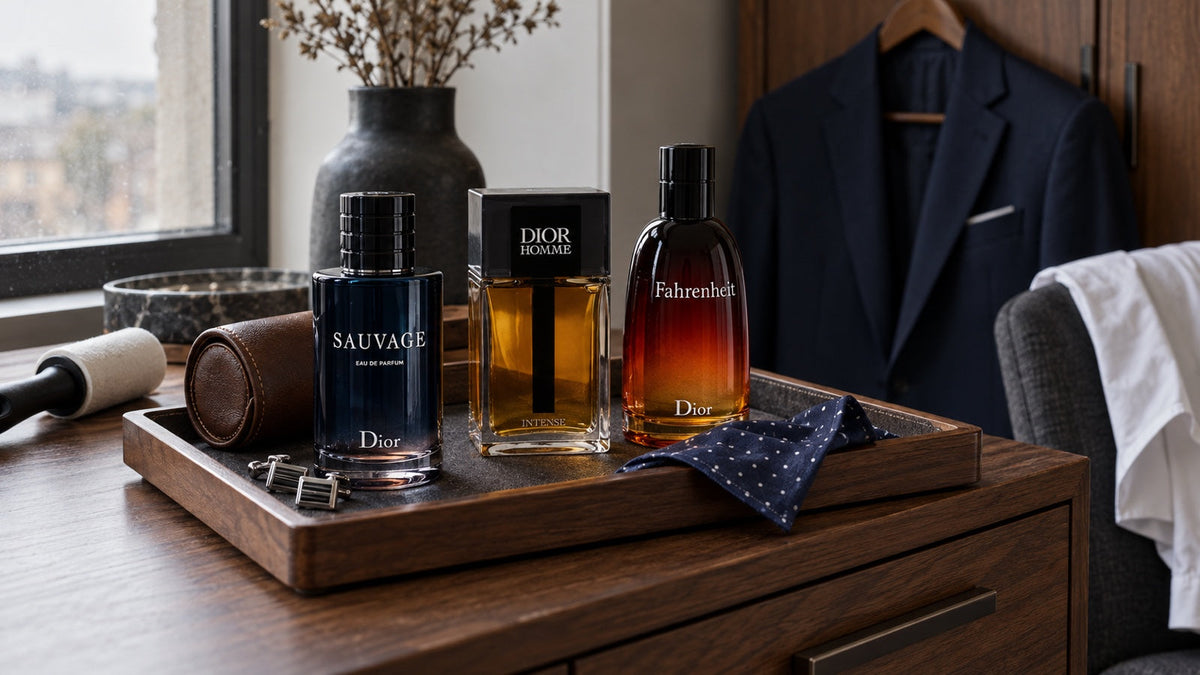 Dior Sauvage, Dior Homme Intense a Fahrenheit na komodě vedle obleku