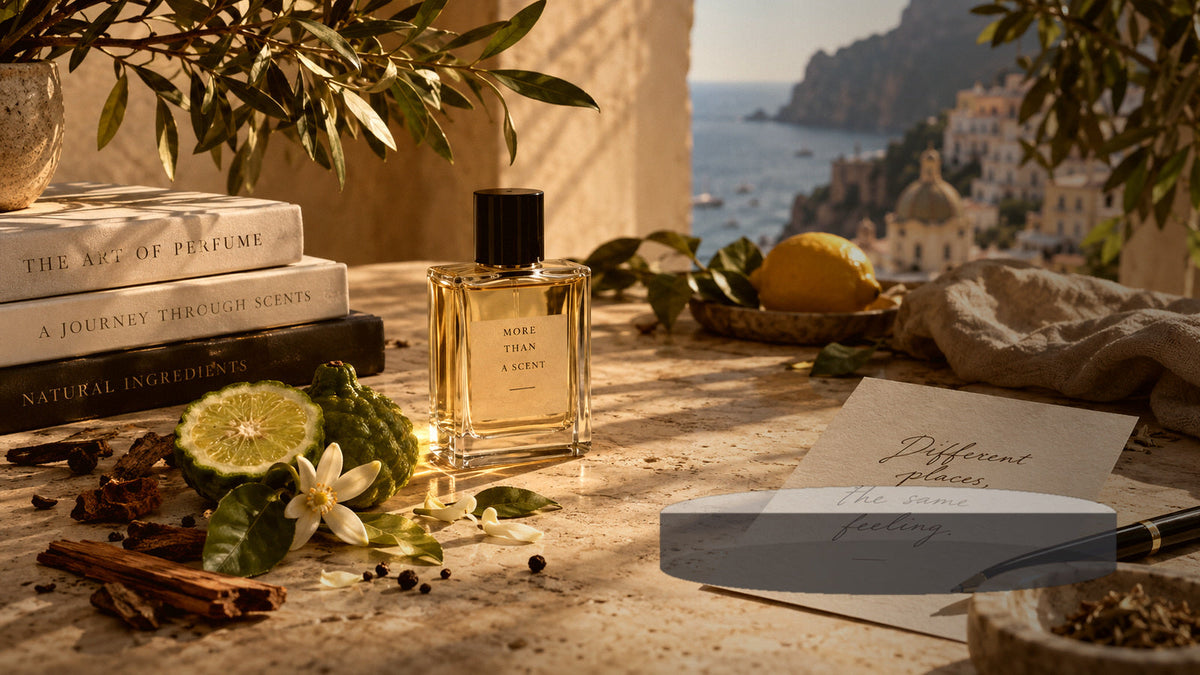 Prawdziwy flakon perfum w naturalnym jesiennym otoczeniu