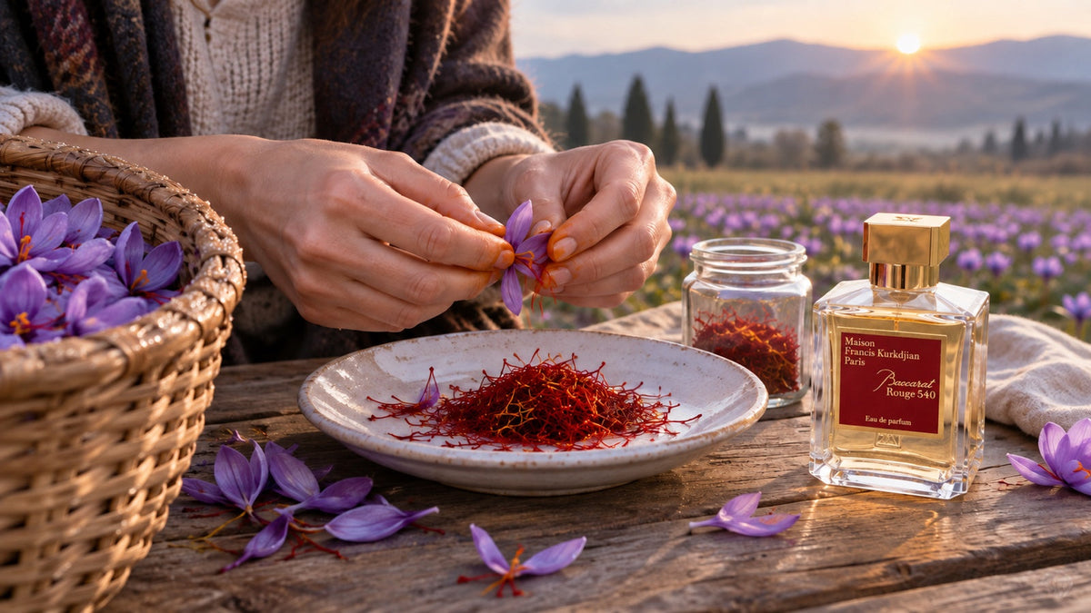Baccarat Rouge 540 na stole při sklizni šafránu z květů krokusů