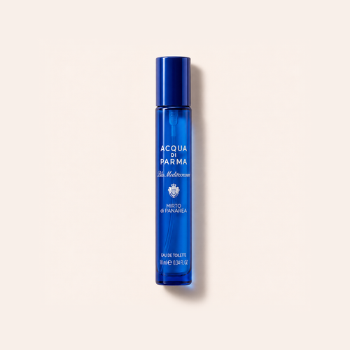 Flakon Acqua di Parma Blu Mediterraneo Mirto di Panarea EDT 10 ml na béžovém pozadí – MrRizz