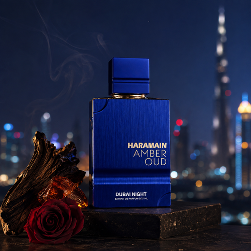 Emocionální vizuál parfému Al Haramain Amber Oud Dubai Night Extrait nad nočním městem