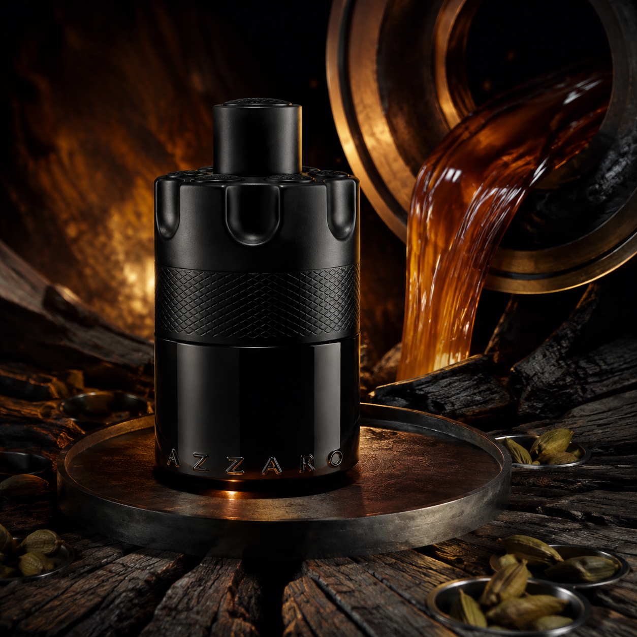 Azzaro The Most Wanted EDP Intense na kovovém tácu před jantarovým proudem s kardamomem – MrRizz