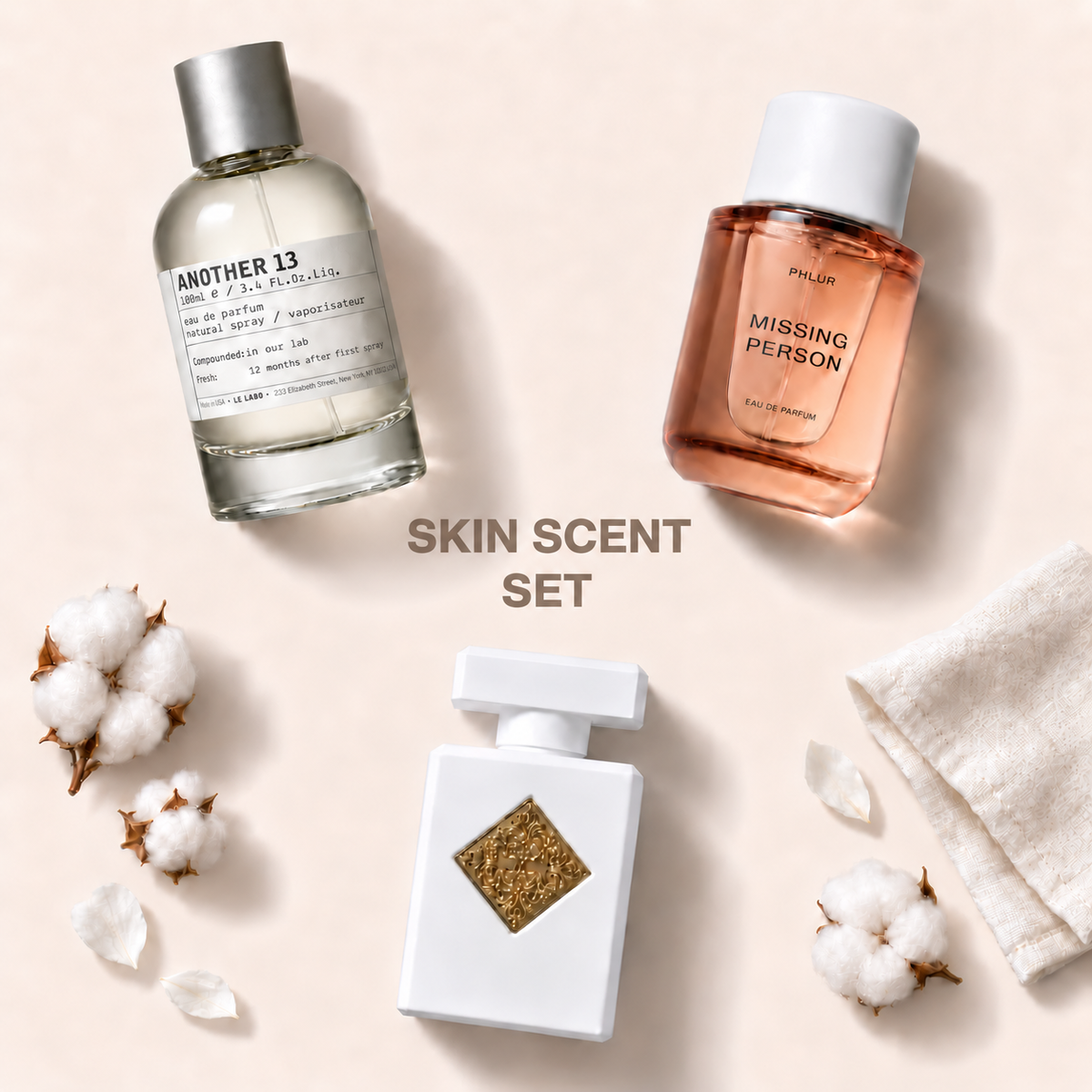 Parfémy ze sady Skin Scent na jednotném béžovém pozadí – MrRizz