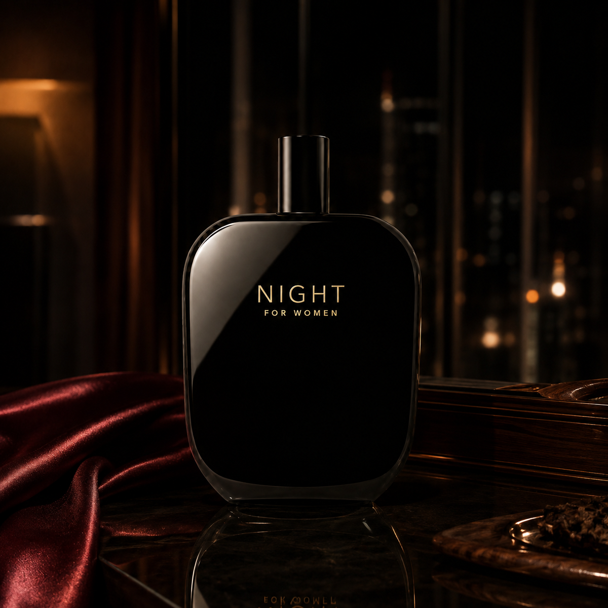 Fragrance One Night v emocionální večerní scéně s černým zrcadlem a vínovým saténem – MrRizz