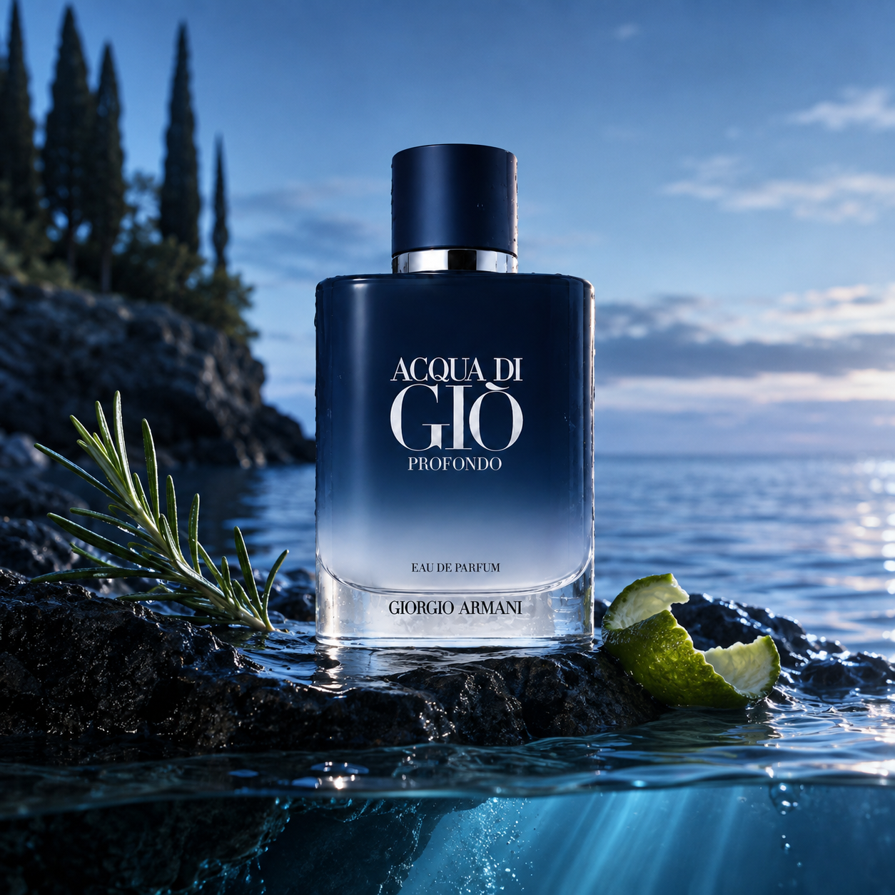Emocionální vizuál parfému Giorgio Armani Acqua di Giò Profondo EDP u moře za svítání – MrRizz