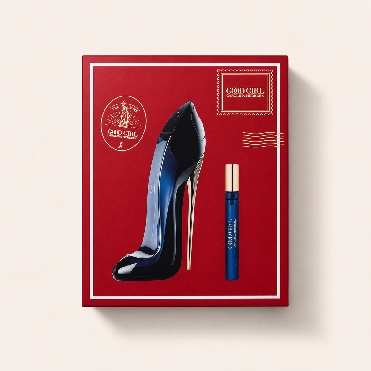 Dárkové balení Carolina Herrera Good Girl s vyobrazením flakonu a cestovního spreje – MrRizz