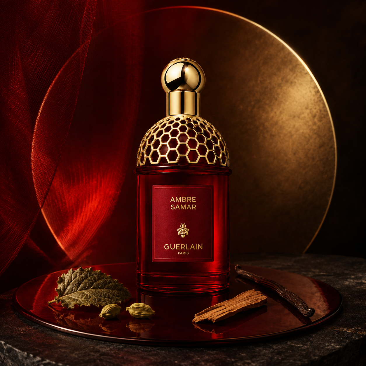Guerlain Ambre Samar na červeném podnose před zlatým kruhem s vanilkou a kardamomem – MrRizz