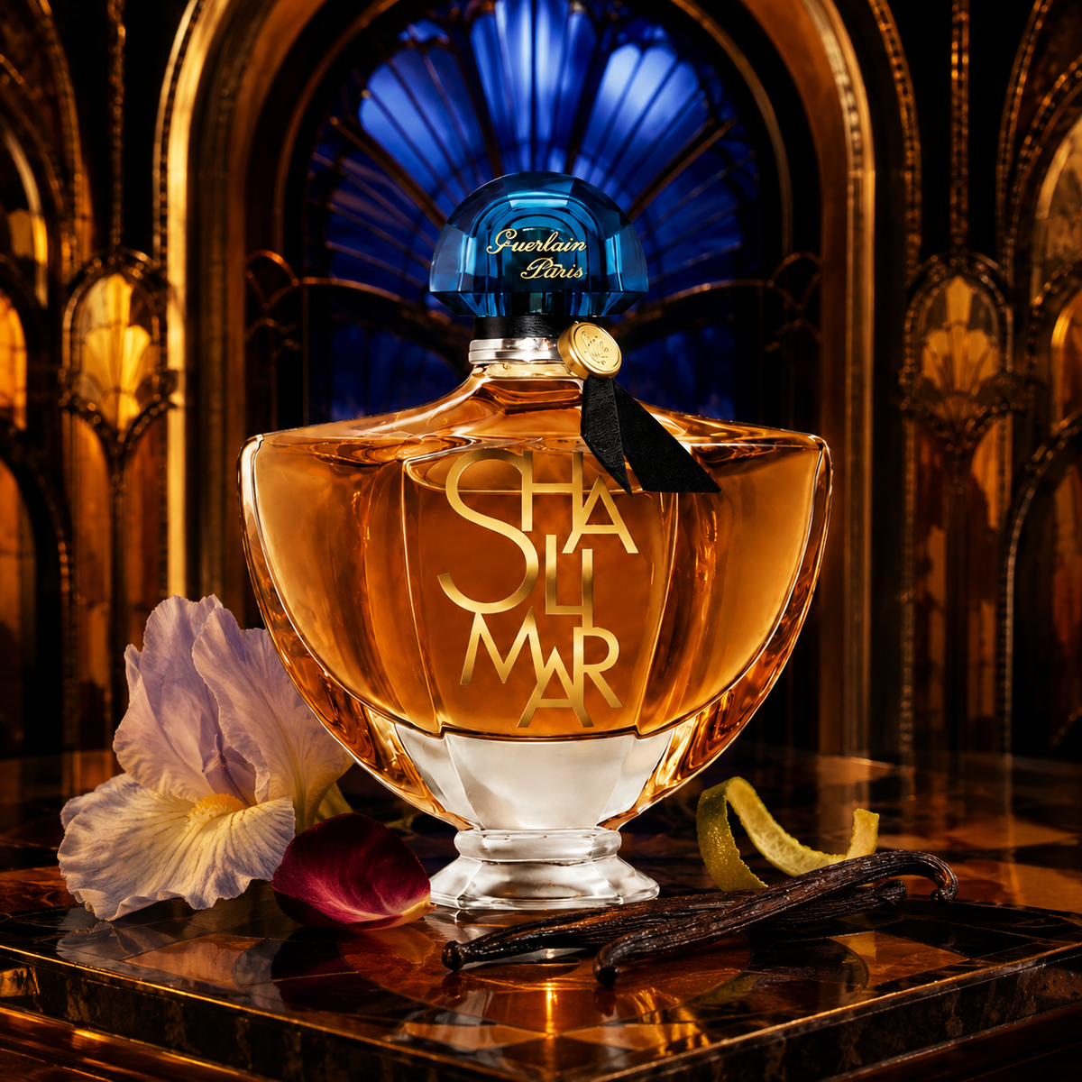 Guerlain Shalimar L'Essence ve zlatém interiéru s modrým oknem, kosatcem a vanilkou – MrRizz