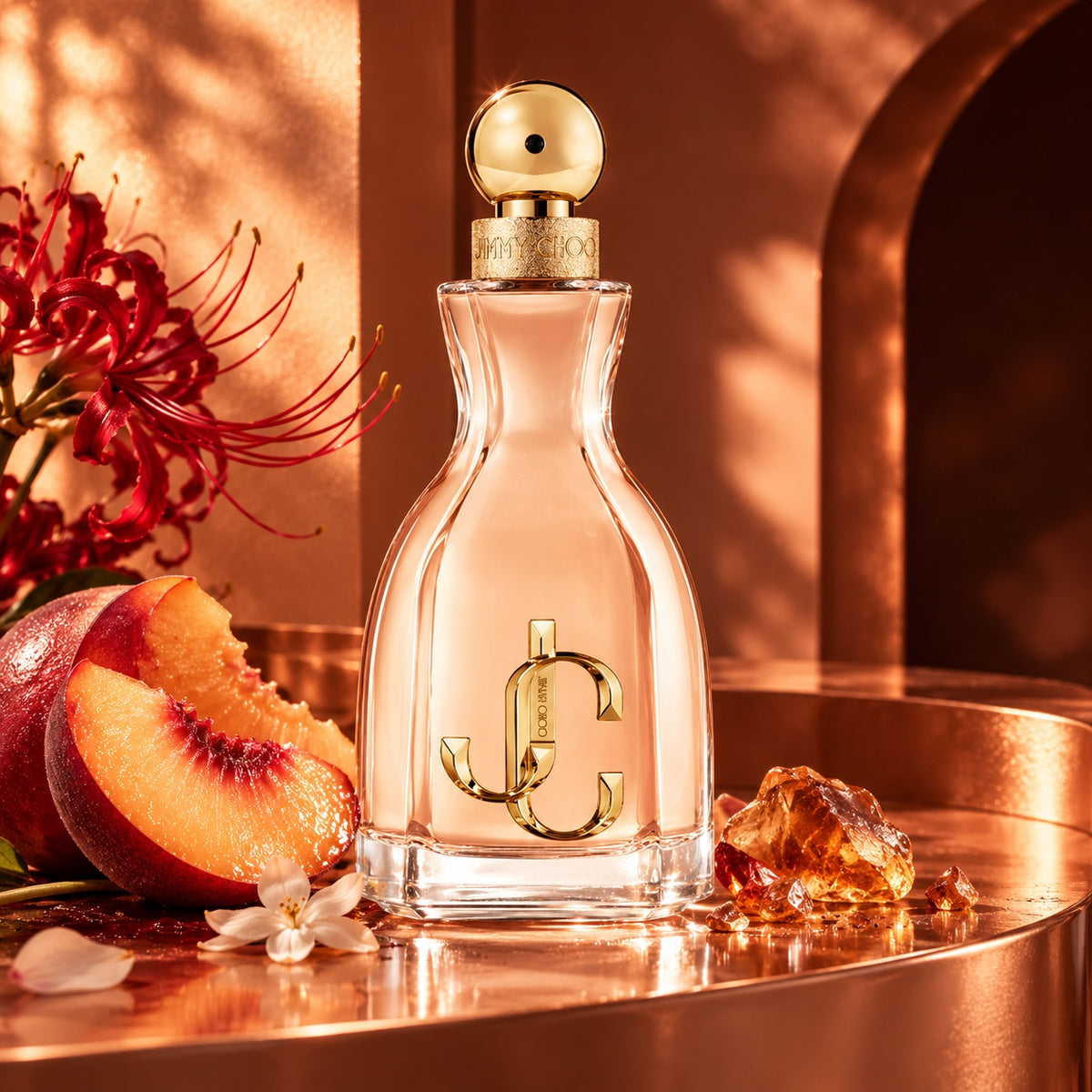 Jimmy Choo I Want Choo 100 ml, zátiší s broskví a červenou liliovkou – MrRizz