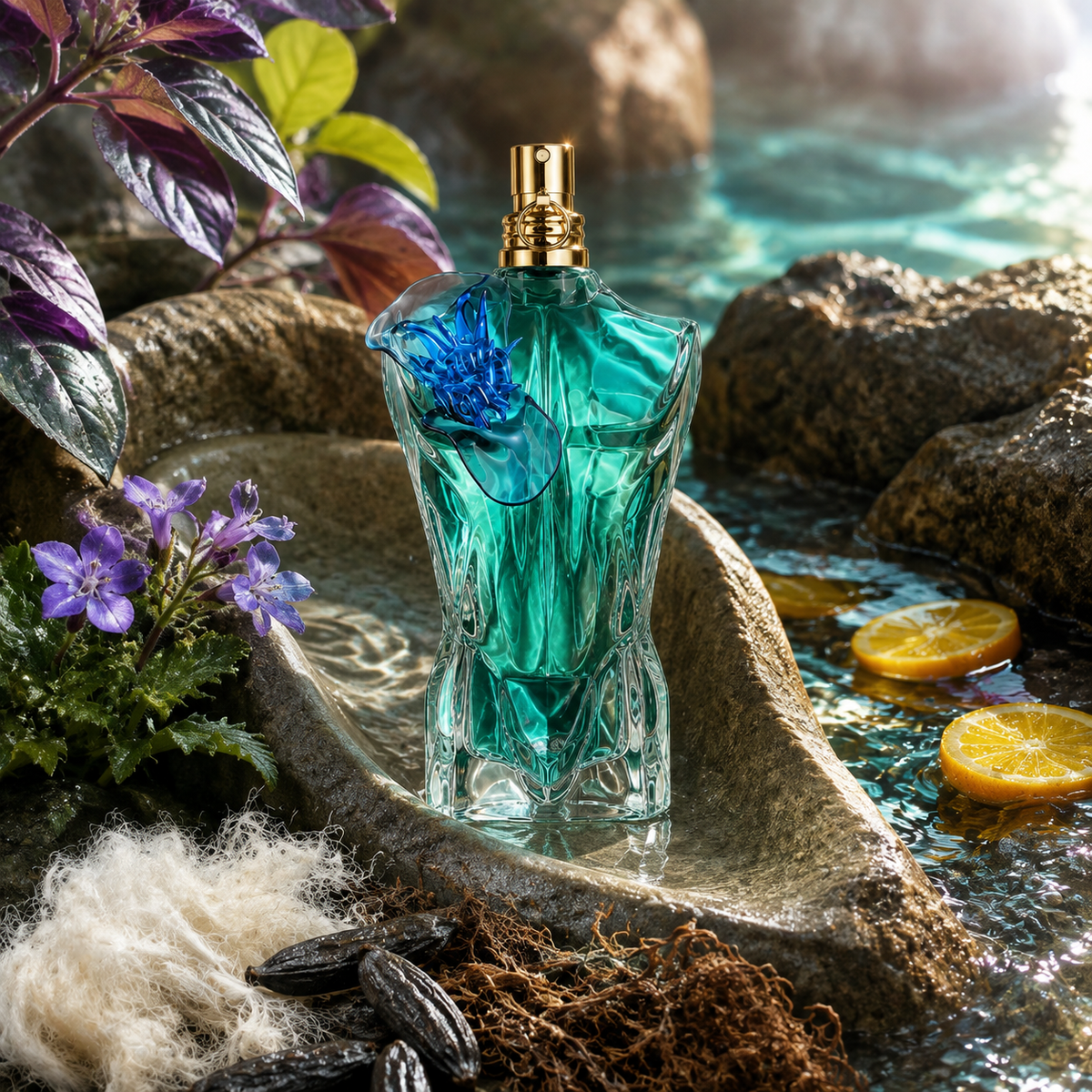Jean Paul Gaultier Le Beau Flower Edition – tropické květinové zátiší s kumquatem a fialkou – MrRizz