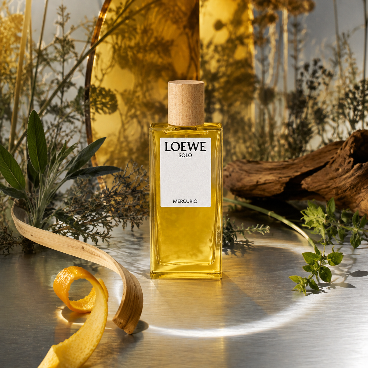 Loewe Solo Mercurio v emocionální scéně s citrusy, bylinami a zlatým světlem – MrRizz