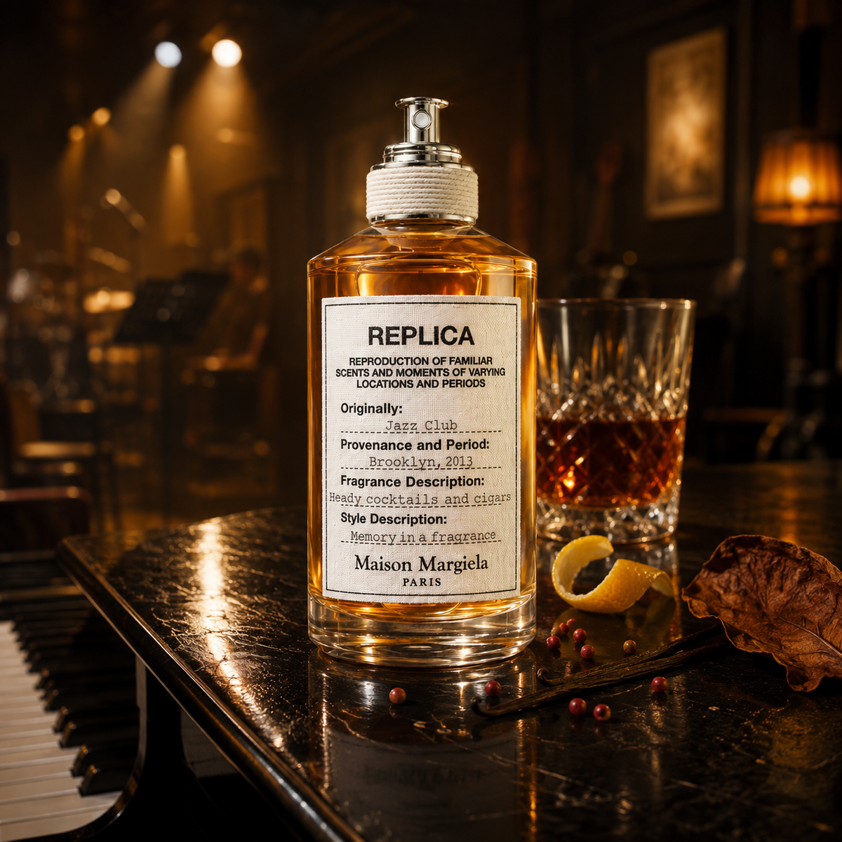 Emocionální vizuál parfému Maison Margiela Replica Jazz Club v atmosféře prázdného jazzového klubu – MrRizz