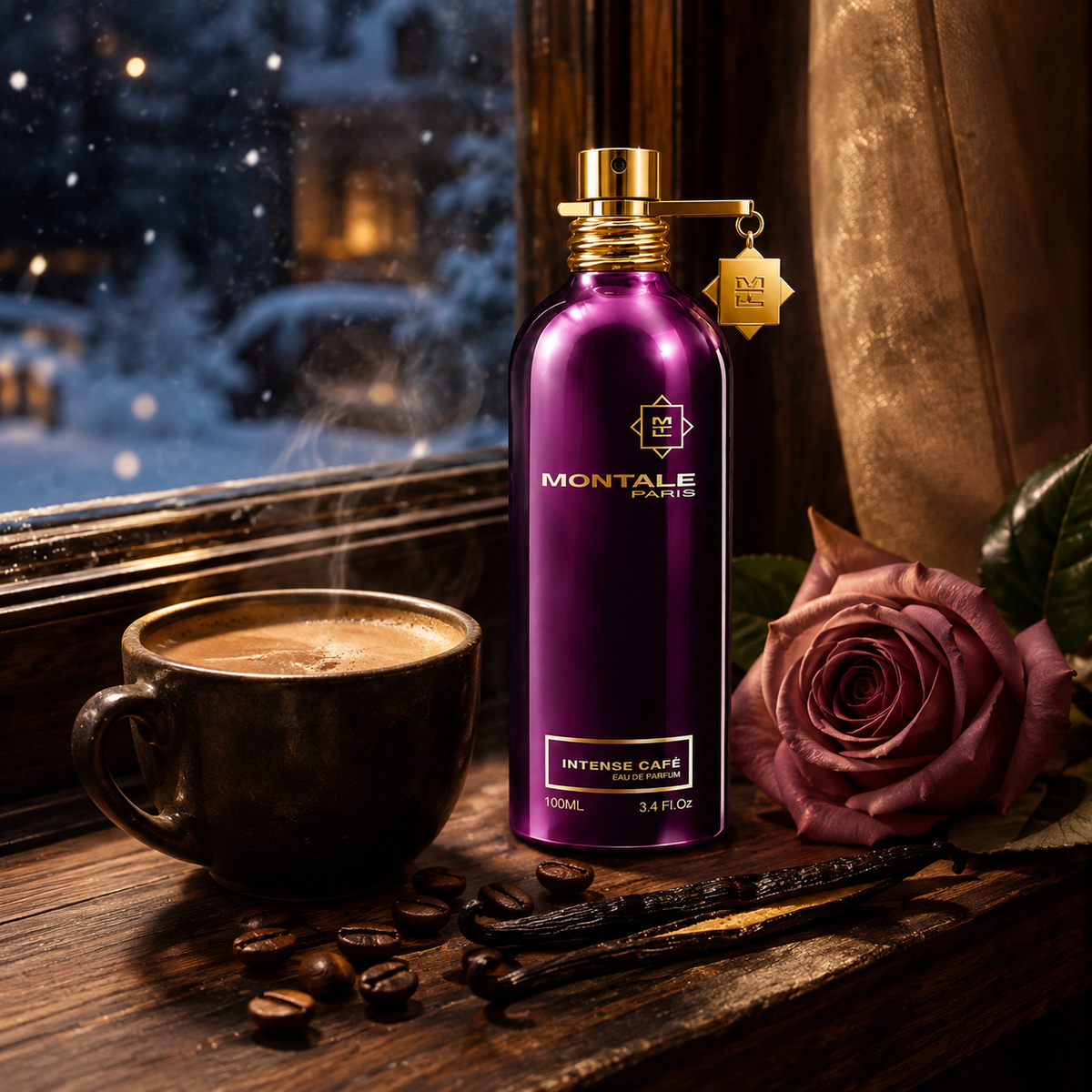 Montale Intense Café v emocionální zimní scéně s kávou, růží a vanilkou – MrRizz
