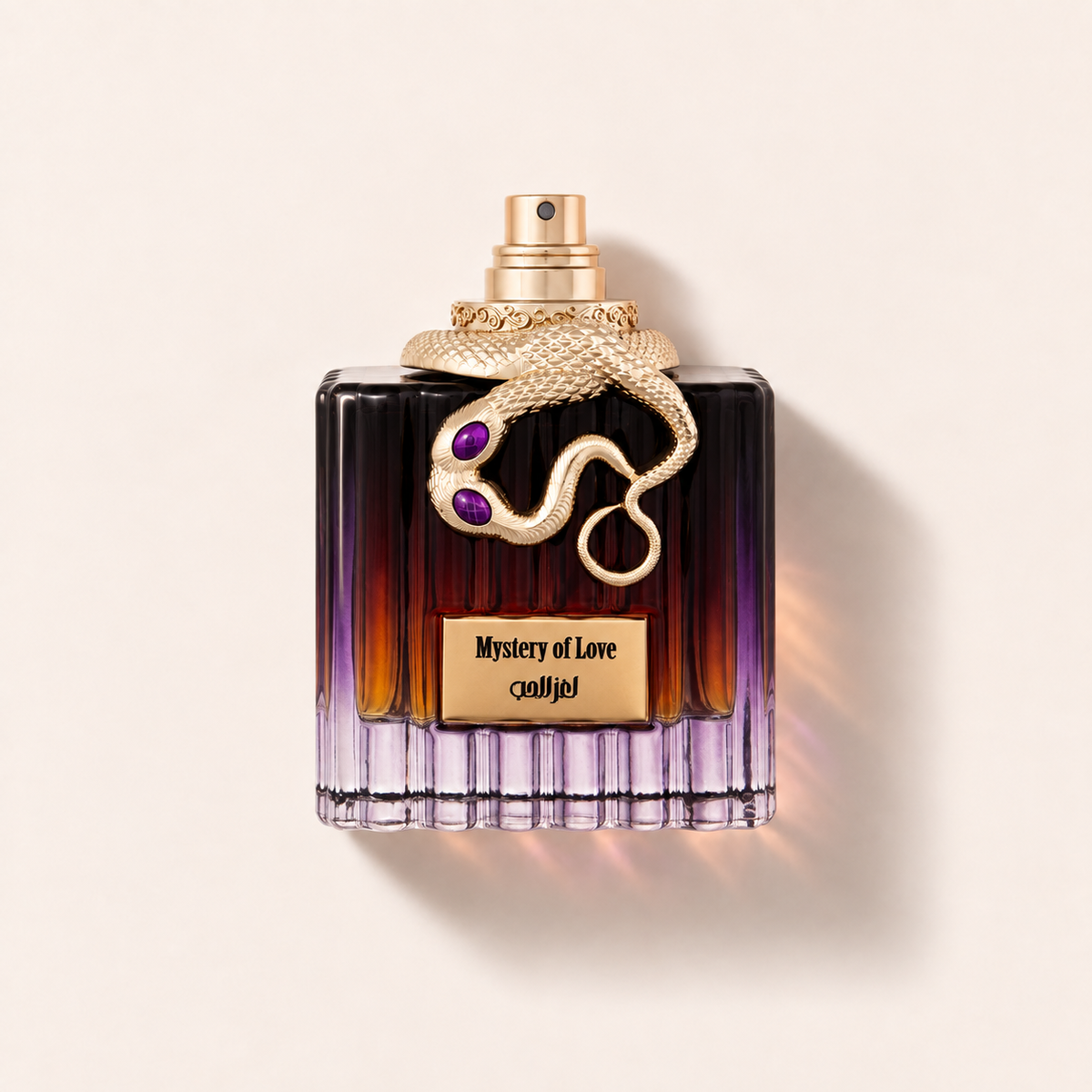 Tester Al Malakia Mystery Of Love EDP 100 ml ve fialovém flakonu se zlatým hadím ornamentem – MrRizz