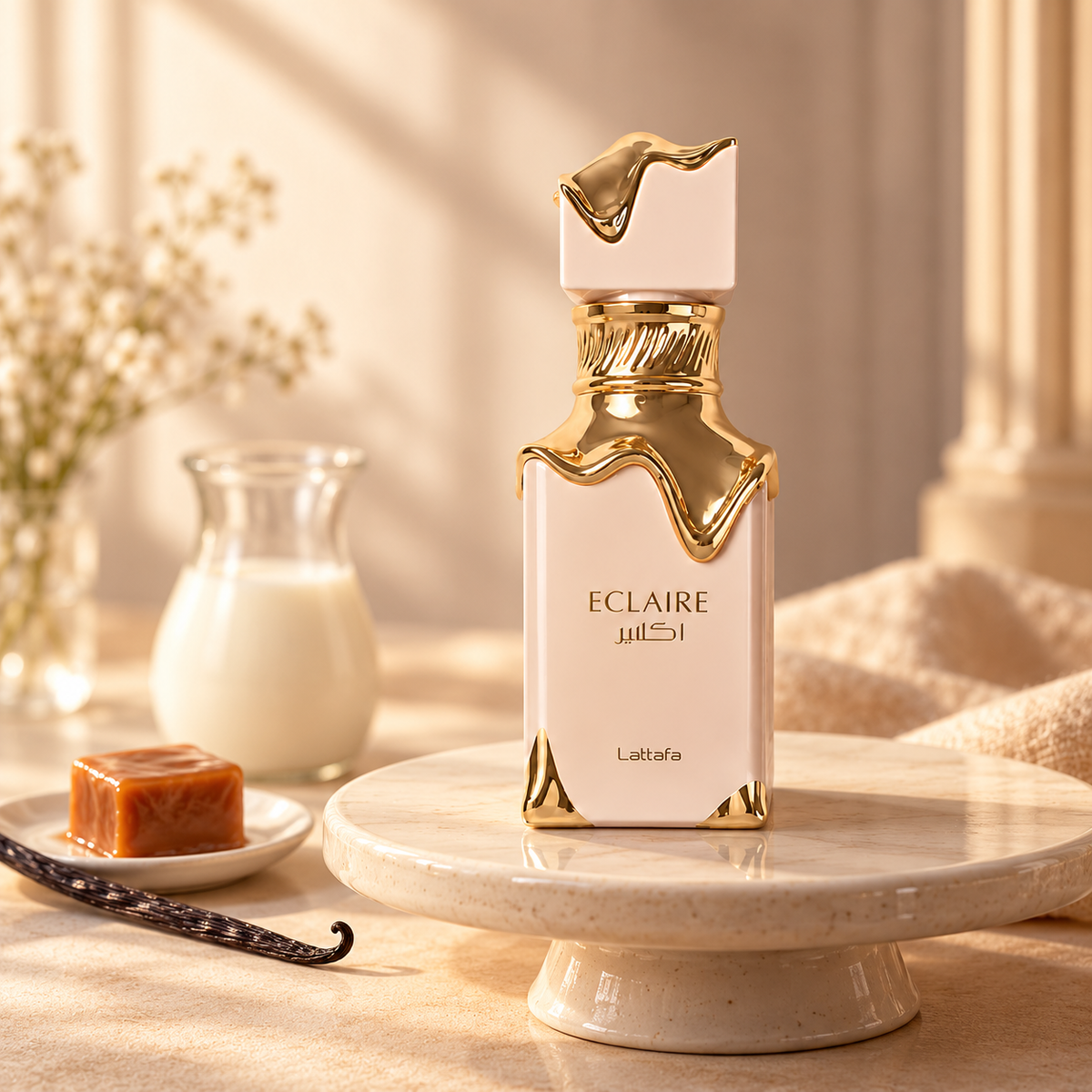 Lattafa Eclaire EDP 100 ml v gurmánském zátiší s karamelem a vanilkou – MrRizz