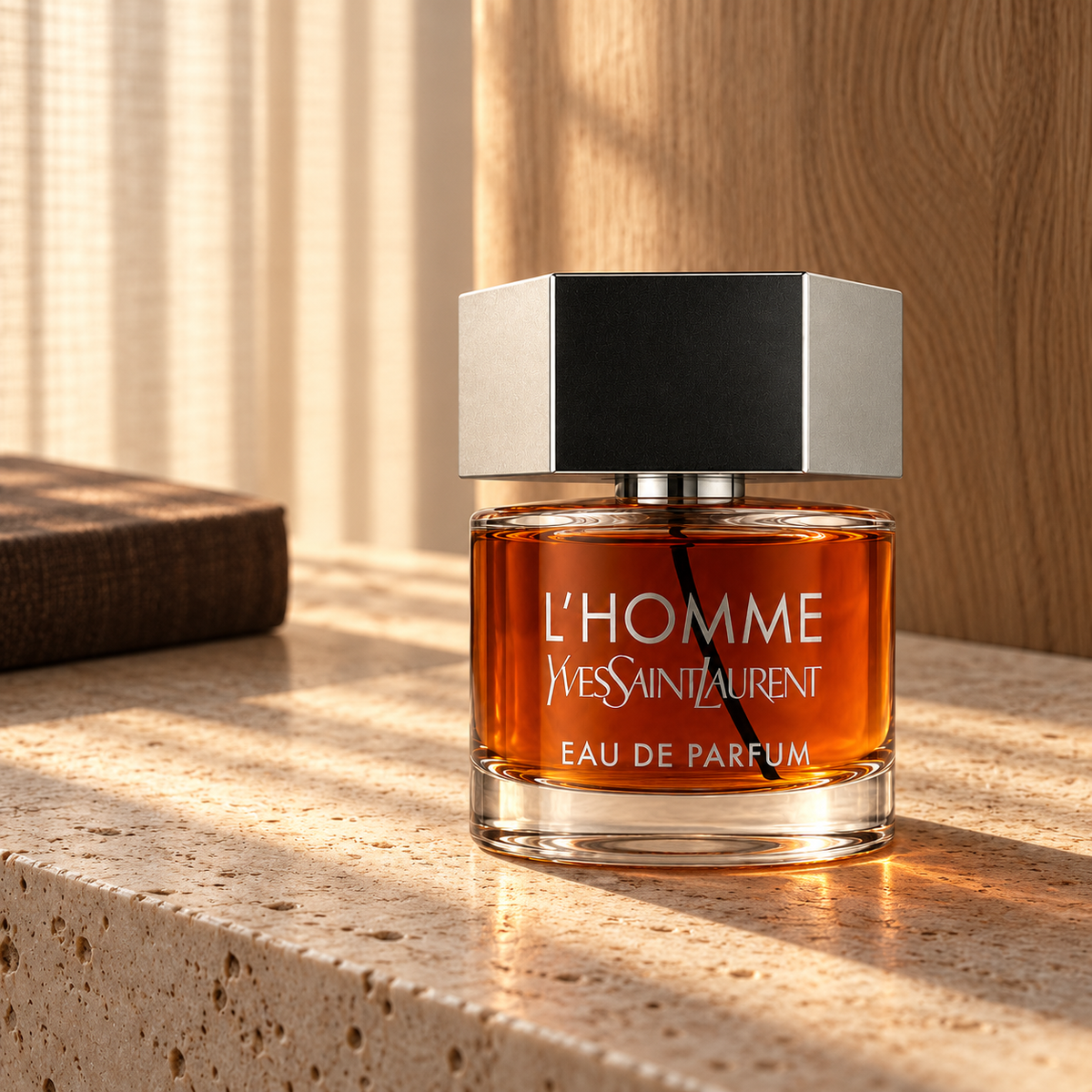 Yves Saint Laurent L’Homme EDP 60 ml v zátiší s travertinem a dubem – MrRizz