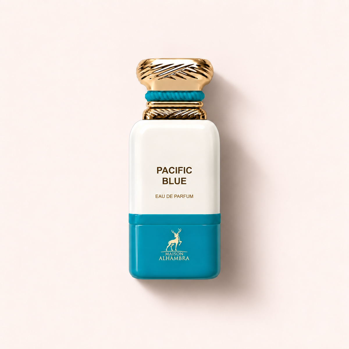 Bílo-tyrkysový flakon parfémované vody Maison Alhambra Pacific Blue 80 ml se zlatým uzávěrem – MrRizz