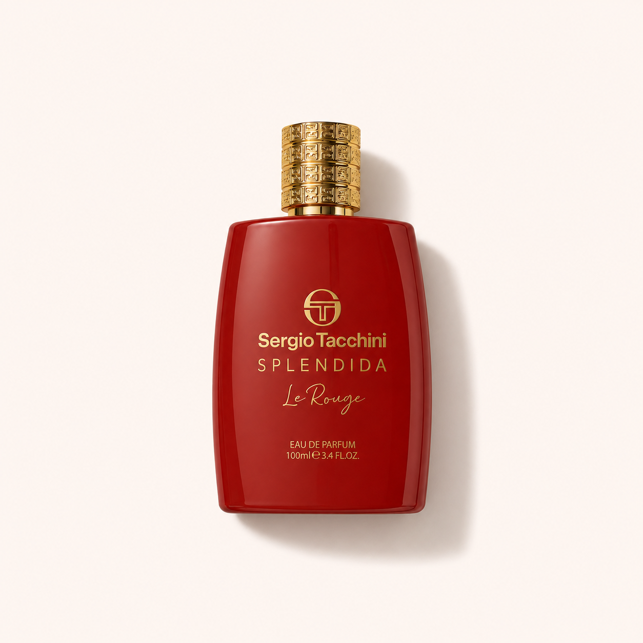 Červený flakon Sergio Tacchini Splendida Le Rouge EDP 100 ml se zlatým víčkem na světlém pozadí – MrRizz