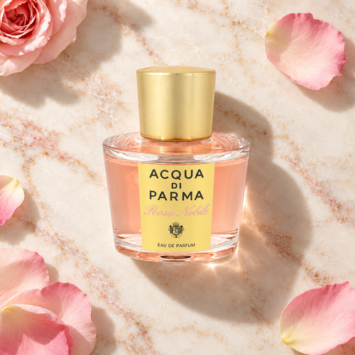 Acqua di Parma Le Nobili Rosa Nobile EDP 50 ml – parfém v prostředí, pohled shora s bočním stínem