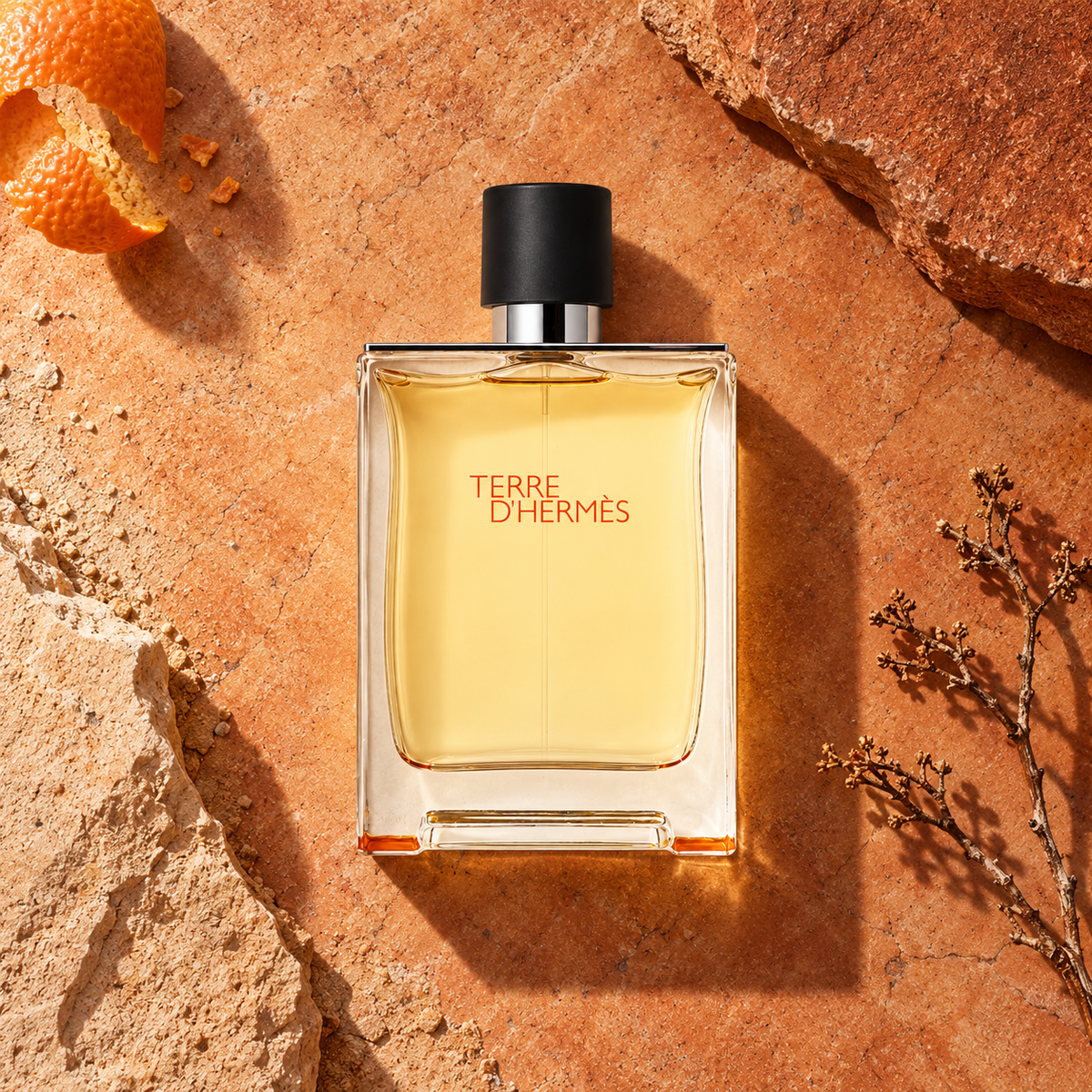 Hermes Terre d'Hermes EDT 200 ml – parfém v prostředí, pohled shora s bočním stínem