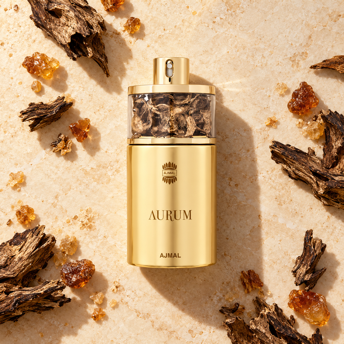 Ajmal Aurum EDP 75 ml – parfém v prostředí, pohled shora s bočním stínem