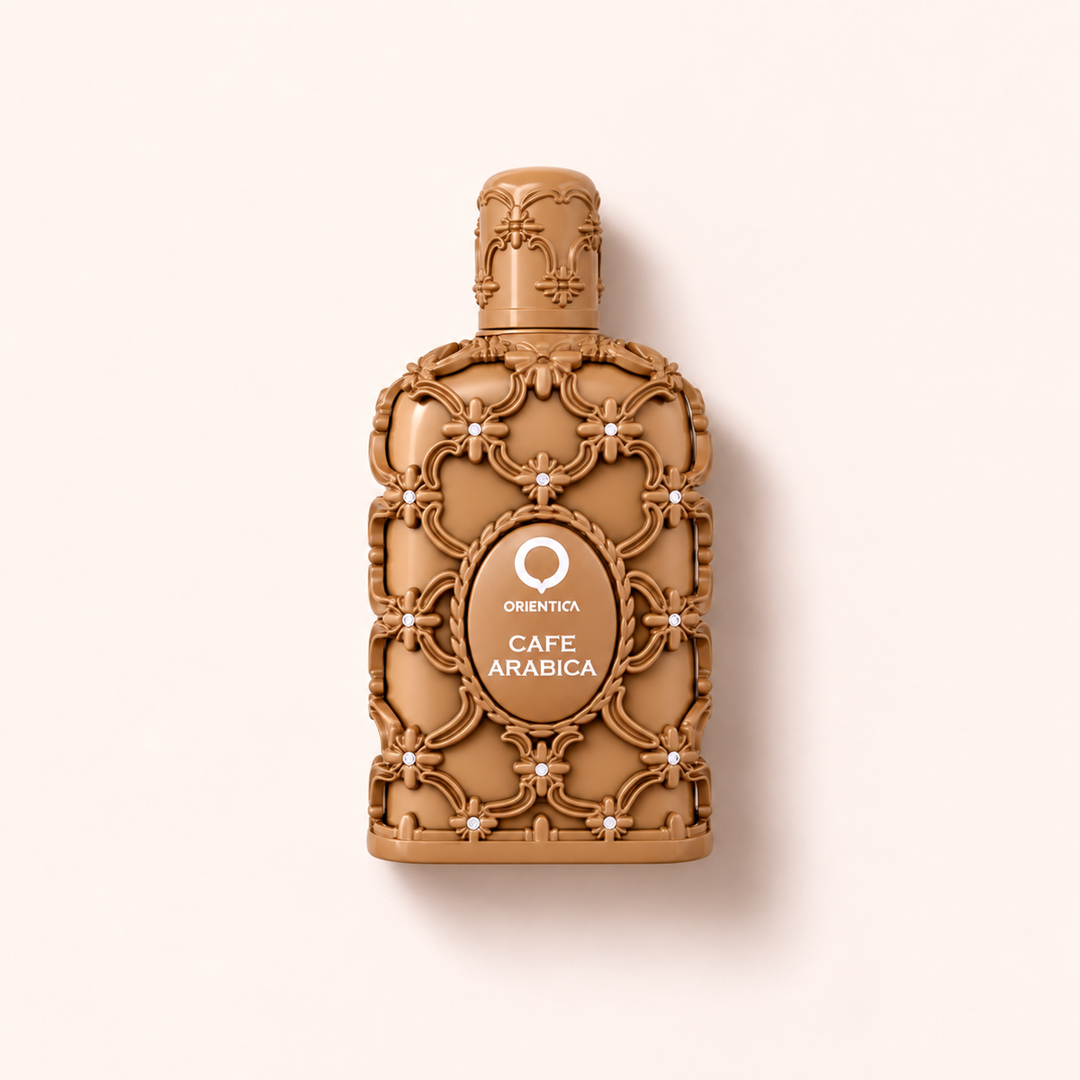 Orientica Luxury Collection Cafe Arabica EDP 80 ml na teplém růžovém pozadí – MrRizz