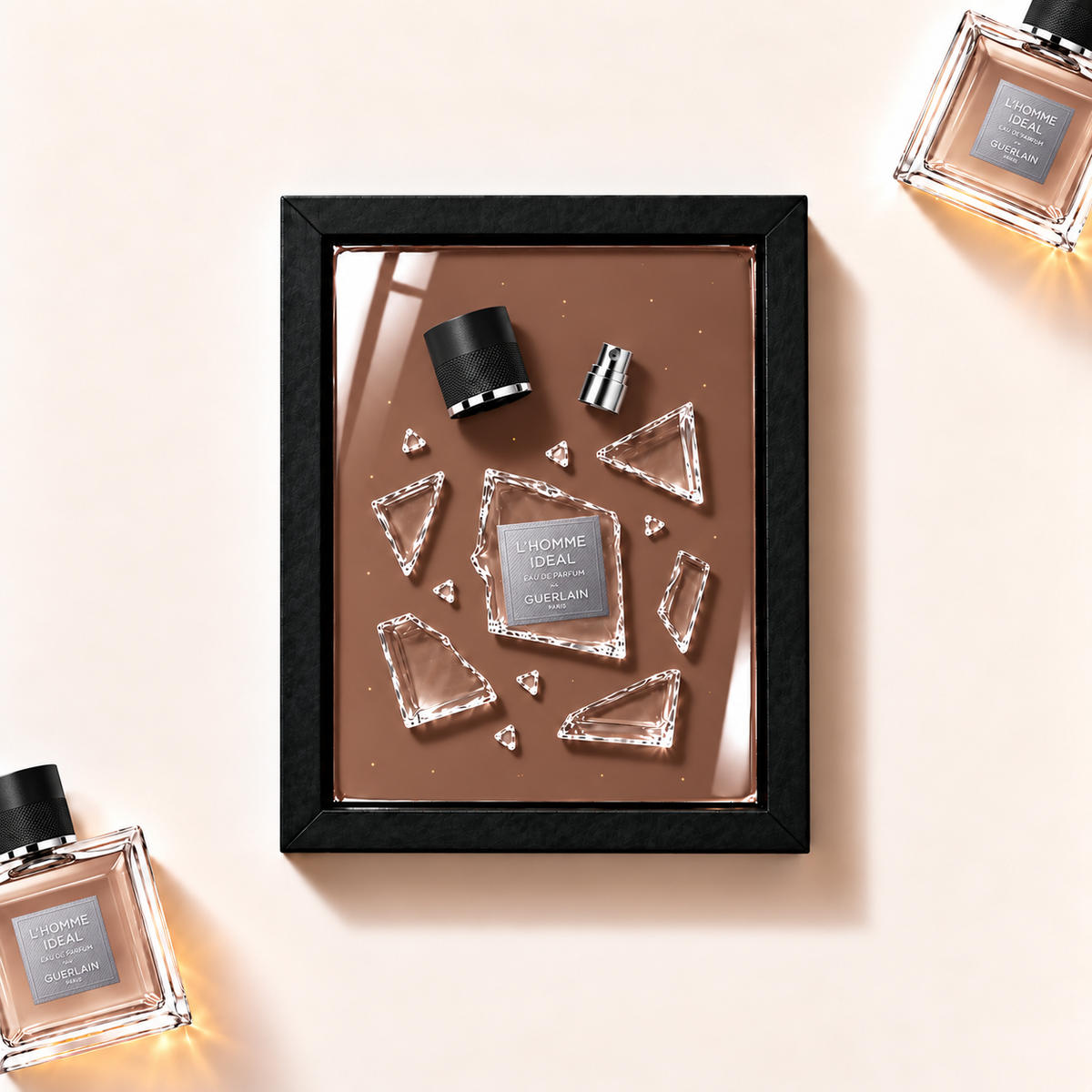 Ilustrační parfémový obraz Guerlain L’Homme Idéal EDP z fragmentů originálního flakonu v černém rámu