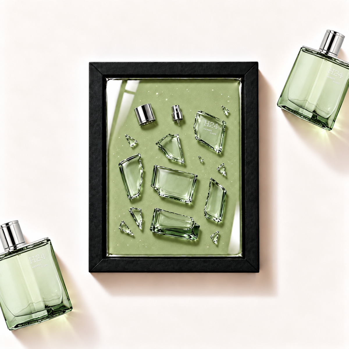 Parfemovy obraz H24 Herbes Vives Hermès v cernem ramu - ilustracni fotografie
