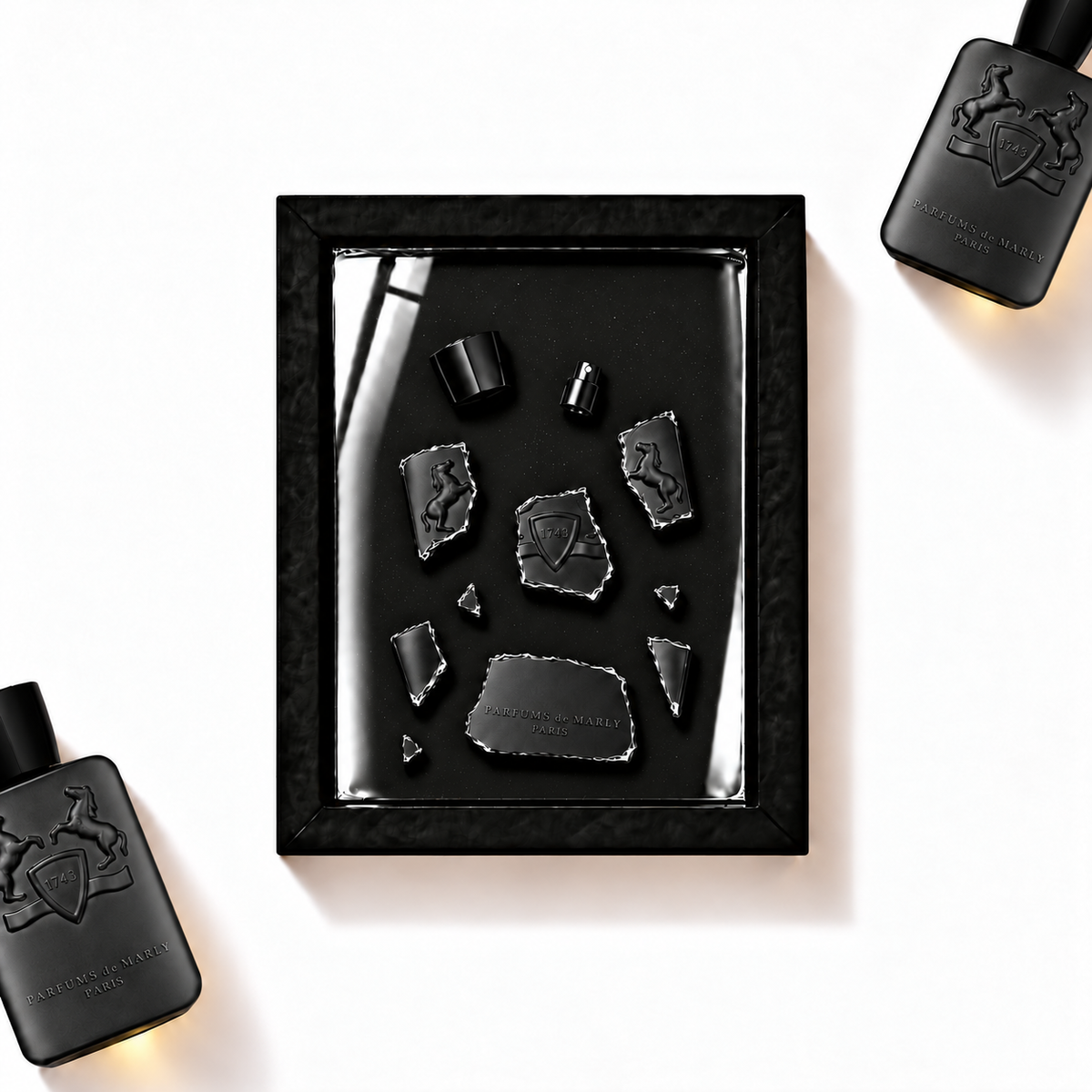 Parfemovy obraz Parfums de Marly Herod v cernem ramu - ilustracni fotografie