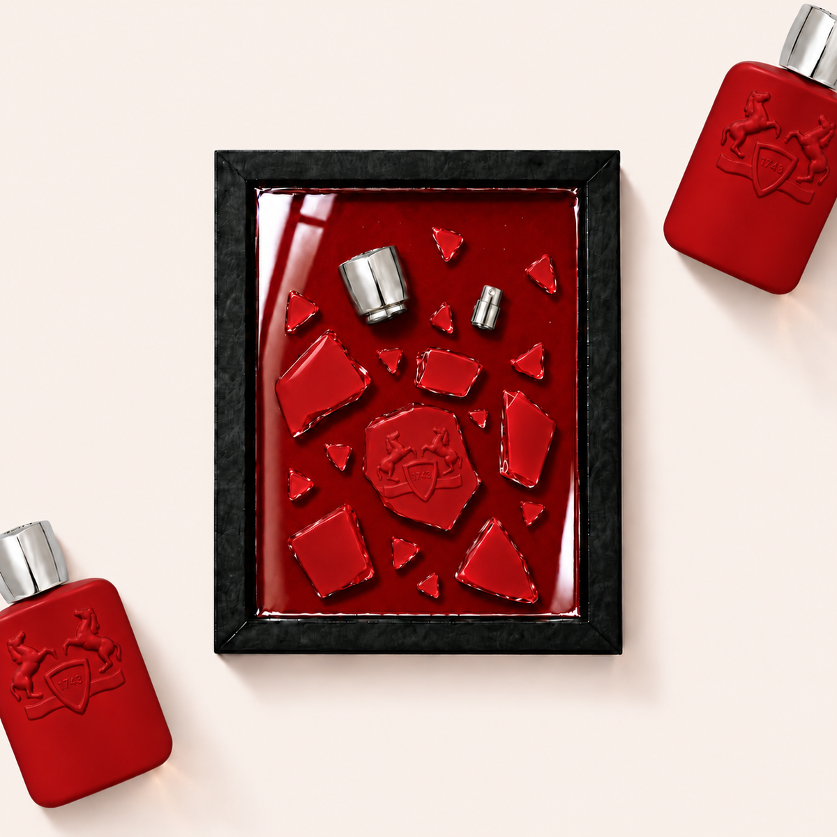 Parfemovy obraz Parfums de Marly Kalan v cernem ramu - ilustracni fotografie