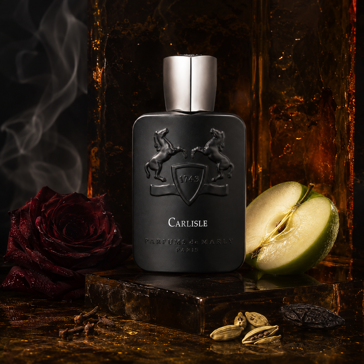 Parfums de Marly Carlisle v emocionální scéně s jablkem, růží, kořením a ambrovou pryskyřicí – MrRizz