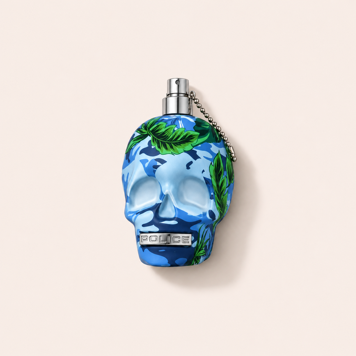 Modrý flakon ve tvaru lebky Police To Be Exotic Jungle EDT 125 ml se zelenými listy na světlém pozadí – MrRizz