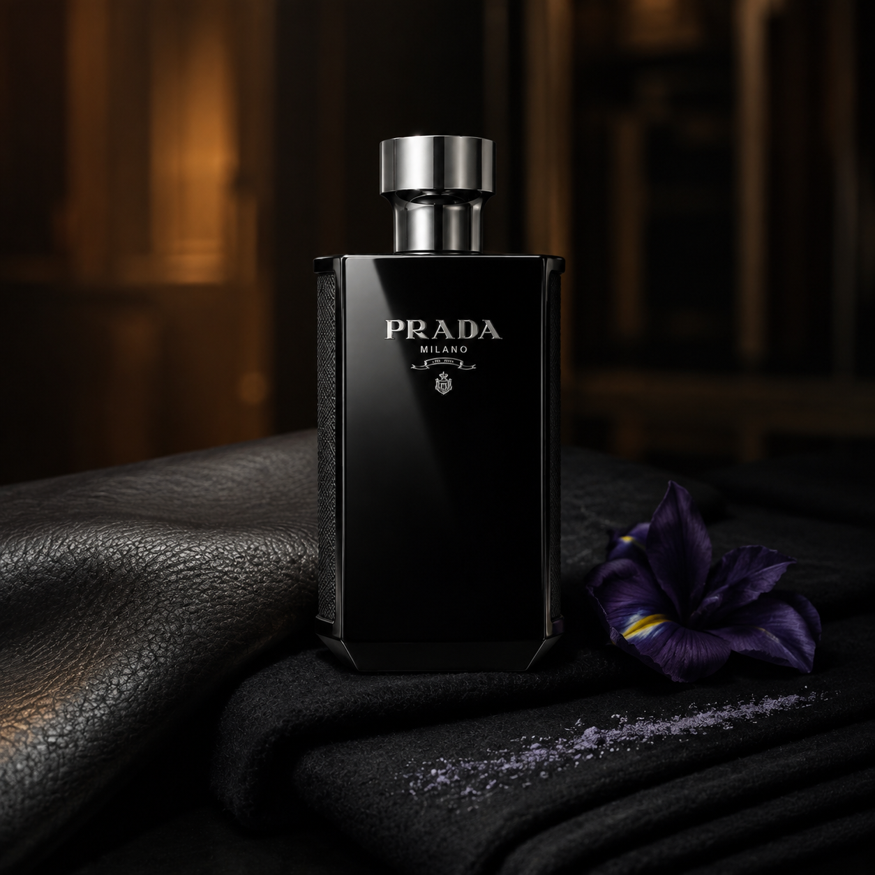Prada L’Homme Intense EDP – noční krejčovské zátiší s kosatcem, fialkou a kůží – MrRizz