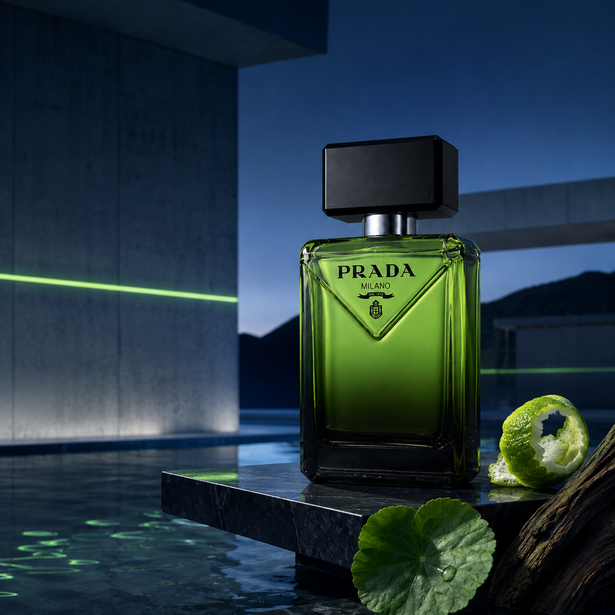 Prada Paradigme – modernistické zelené zátiší s bergamotem, geraniem a guajakovým dřevem – MrRizz