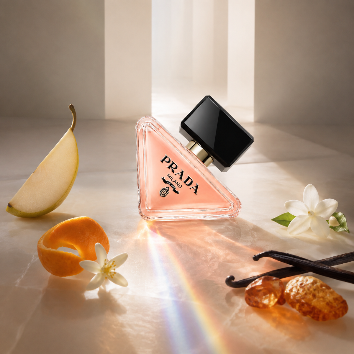 Prada Paradoxe v moderním světelném zátiší s hruškou, mandarinkou a neroli – MrRizz