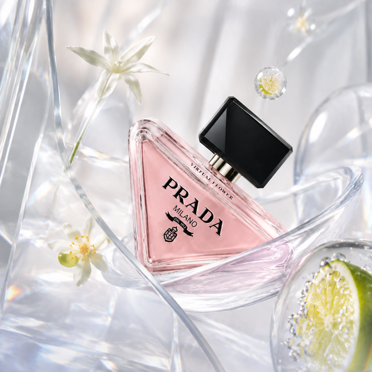 Prada Paradoxe Virtual Flower v čirých skleněných vlnách s bílými květy a citrusovými řezy – MrRizz