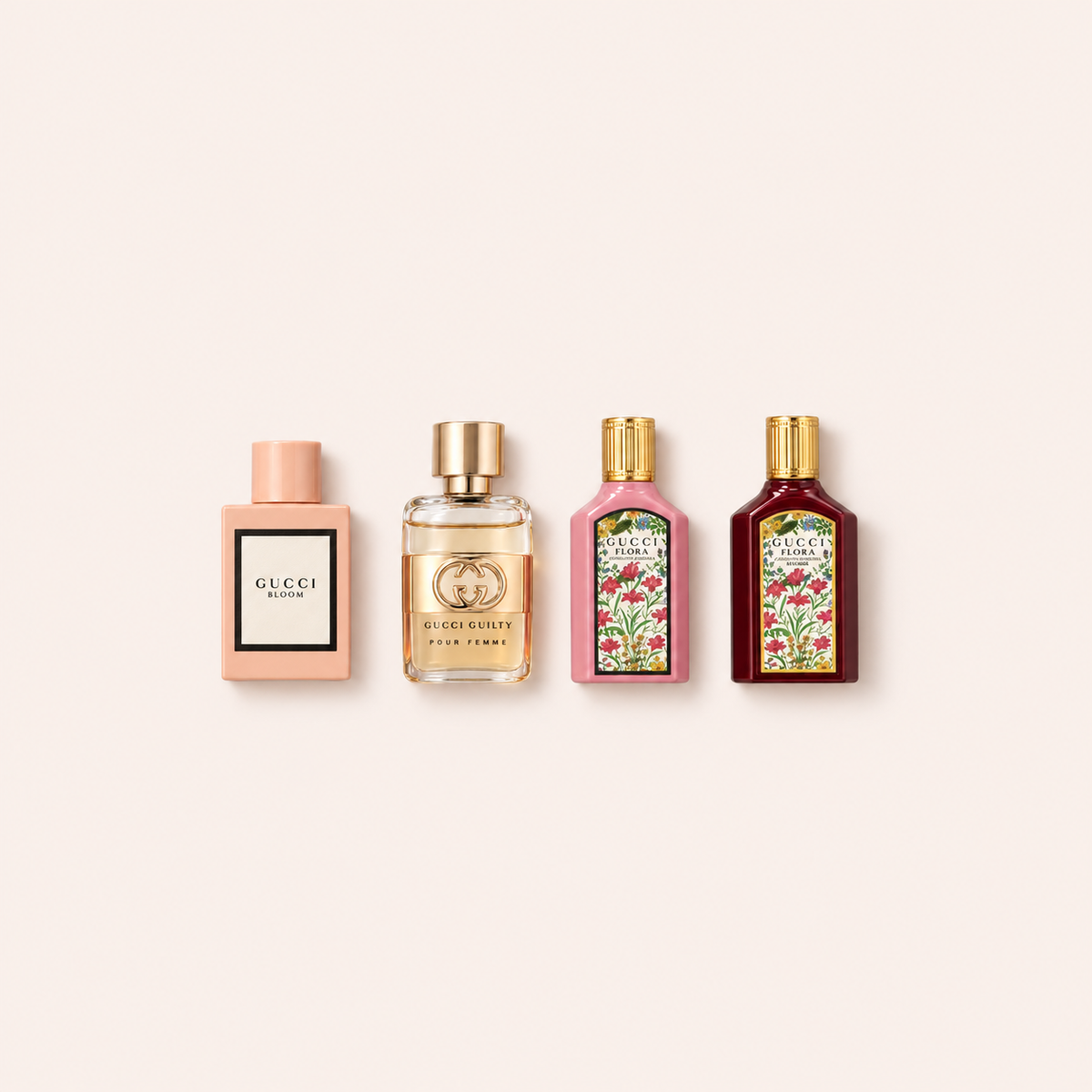 Gucci – sada čtyř miniatur Bloom, Guilty Pour Femme, Flora Gorgeous Gardenia a Gorgeous Gardenia Intense po 5 ml