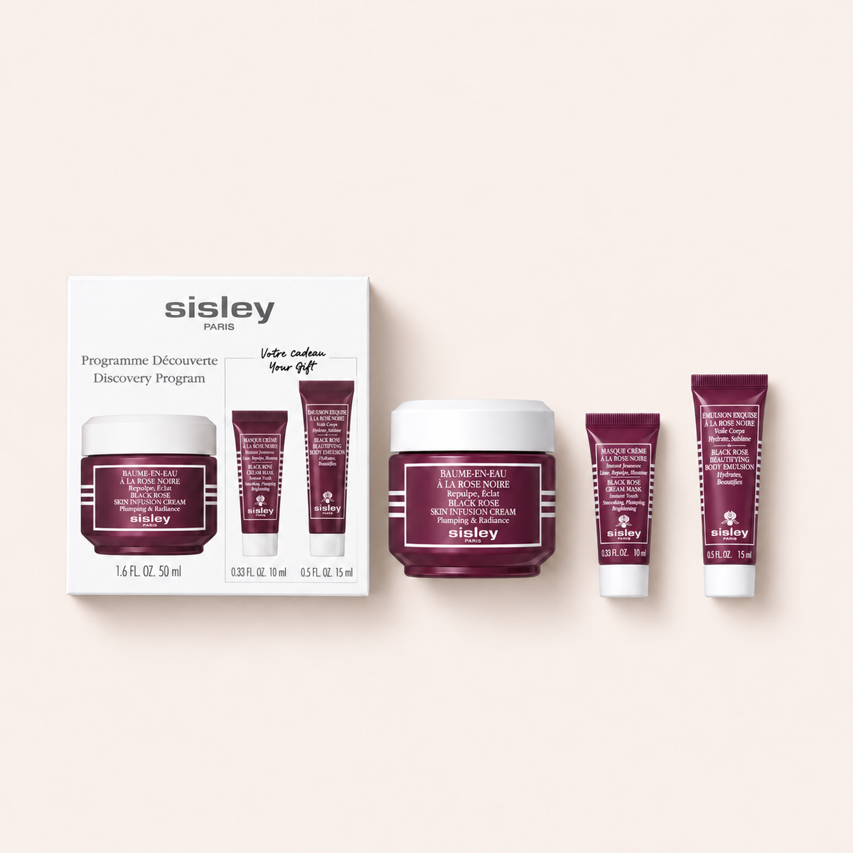 Sada Sisley Black Rose Discovery Program s krémem 50 ml, maskou a tělovou emulzí na béžovém pozadí – MrRizz