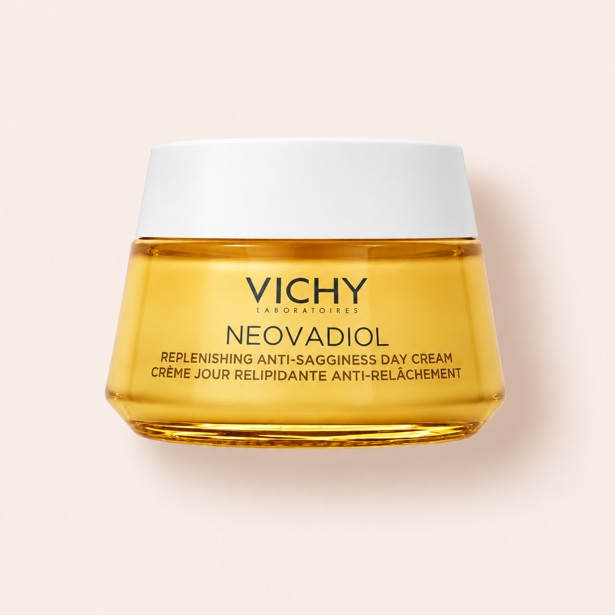 Dóza denního pleťového krému Vichy Neovadiol Post-Menopause 50 ml na béžovém pozadí – MrRizz