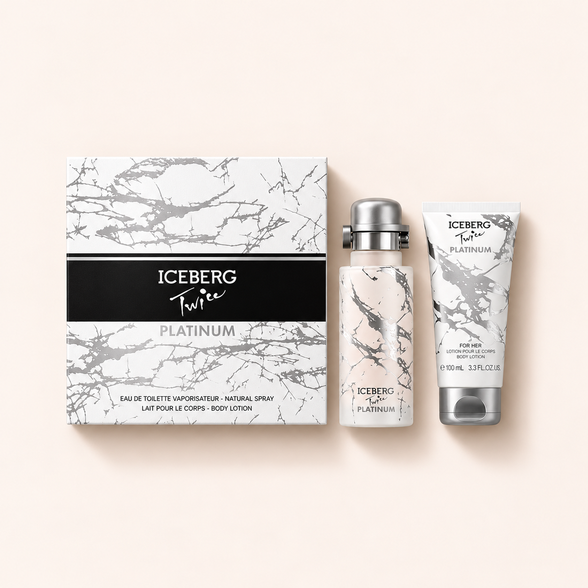 Produktová fotografie dárkového setu Iceberg Twice Platinum EDT 125 ml a tělového mléka 100 ml – MrRizz