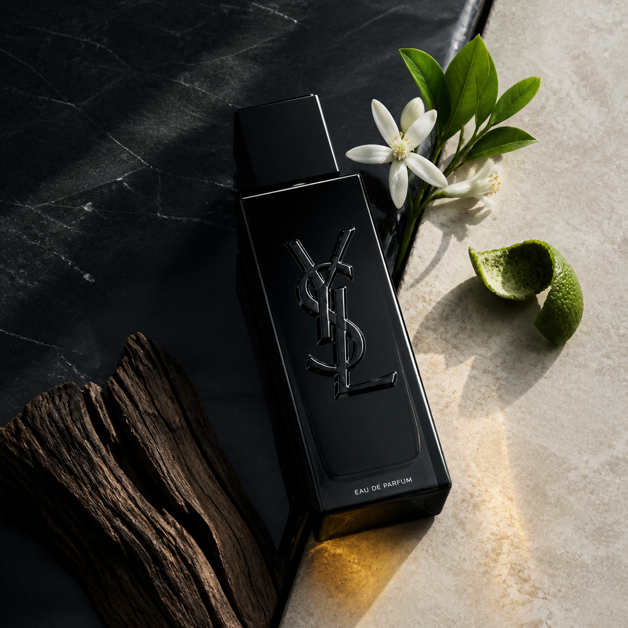 Yves Saint Laurent MYSLF EDP v moderním zátiší s bergamotem, pomerančovým květem a dřevem – MrRizz